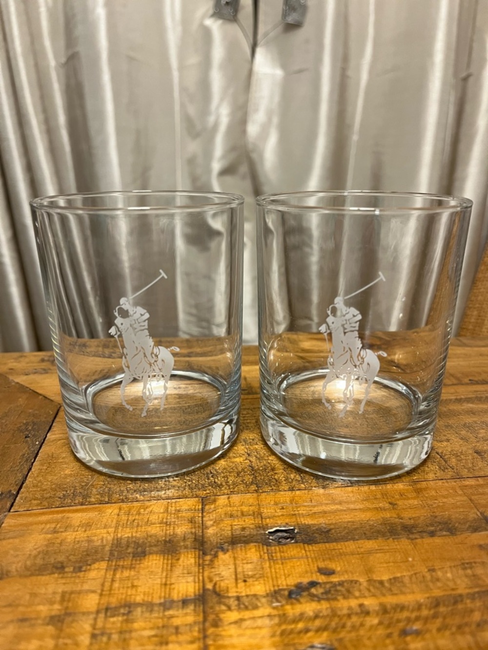 Vintage Polo Ralph Lauren Drinking Glass Pair Glasses Log Etched Whisky Low Ball